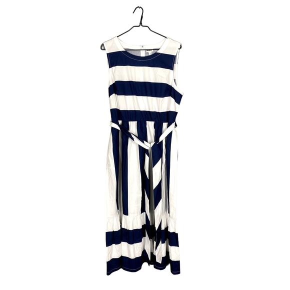 J.Crew Dress Size 16 Blue White Midi Stripe Sleeveless Cotton Pockets CA438 NWT